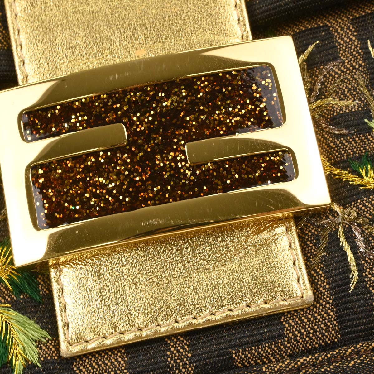 Fendi Brown Canvas Zucca Palm Tree Embroidery Baguette Handbag