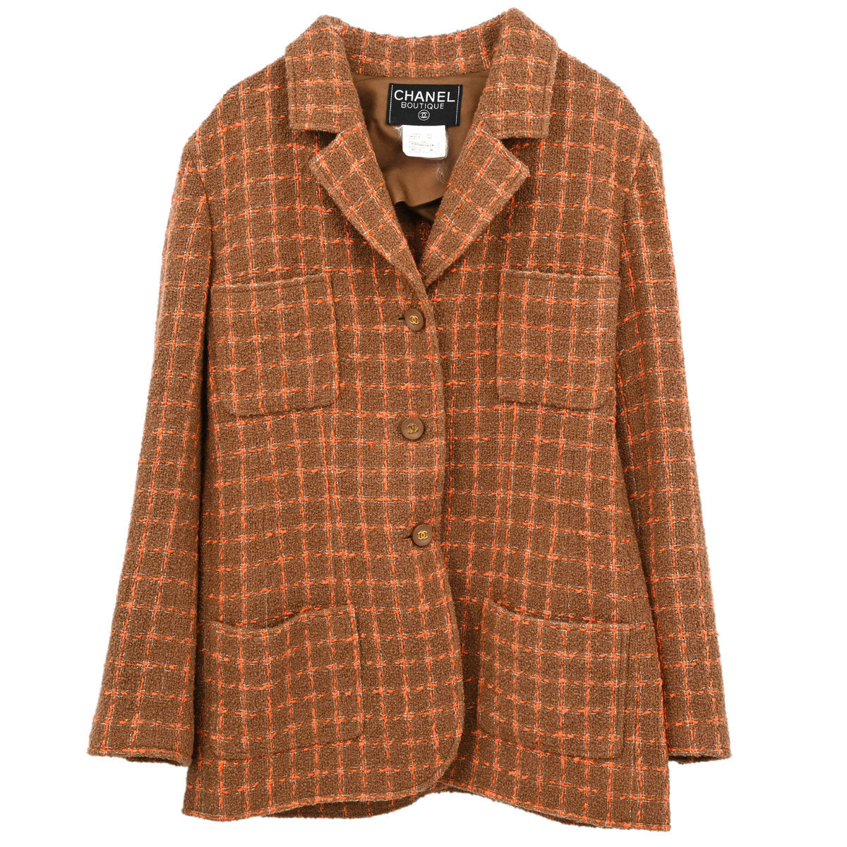 Chanel 1995 Single Breasted Tweed Check Jacket Brown #38