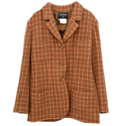 Chanel 1995 Single Breasted Tweed Check Jacket Brown #38