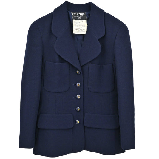 Chanel 1995 Single Breasted Tweed Jacket Navy #38