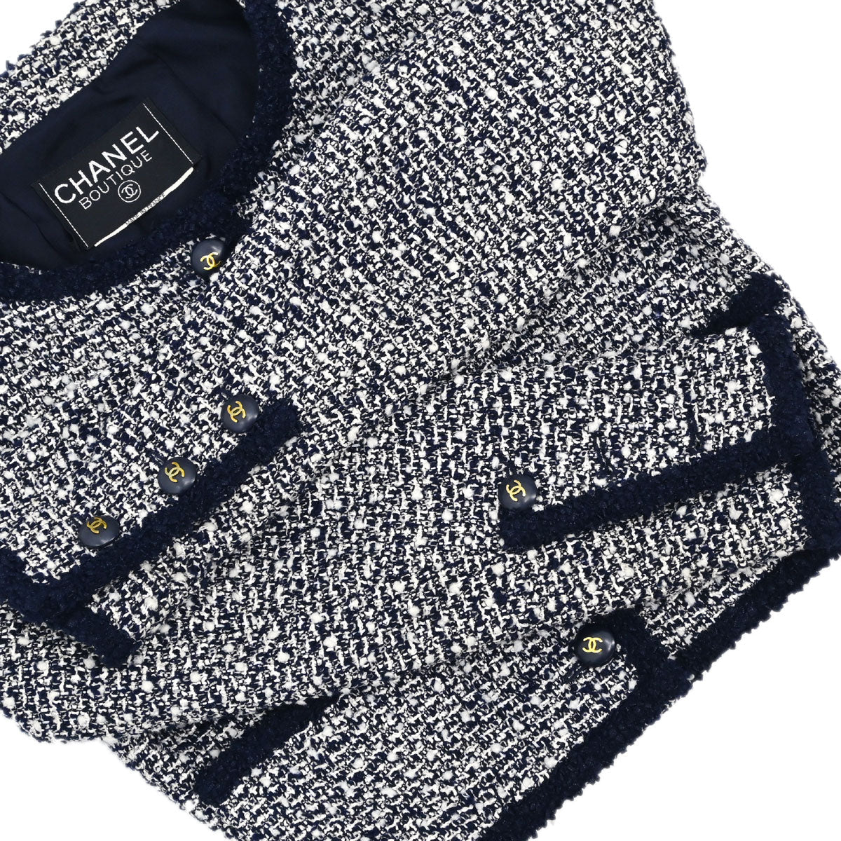 Chanel Tweed Collarless Jacket Navy