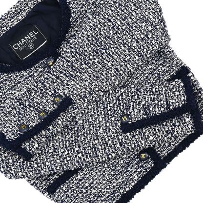 Chanel Tweed Collarless Jacket Navy