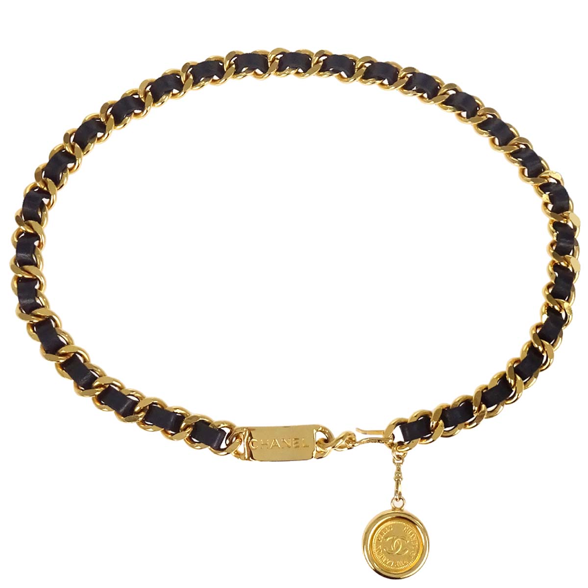 Chanel Chain Belt Medallion Gold Black Small Good