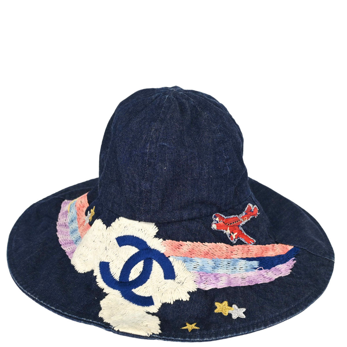 Chanel Indigo Denim Night Flight Embroidery Hat #M Small Good