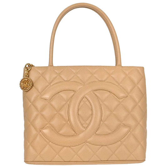 Chanel 2003-2004 Beige Caviar Skin Medallion Tote Handbag