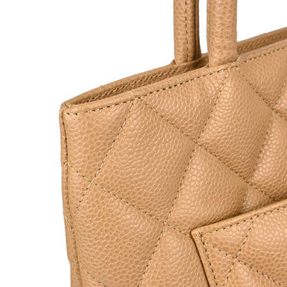 Chanel 2003-2004 Beige Caviar Skin Medallion Tote Handbag