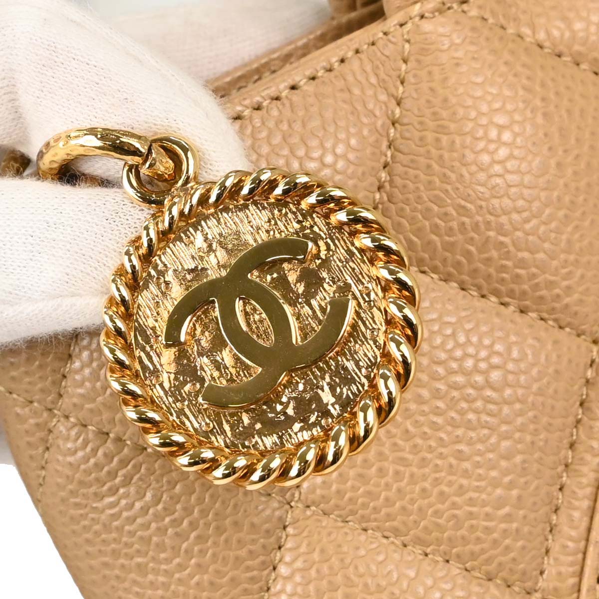 Chanel 2003-2004 Beige Caviar Skin Medallion Tote Handbag