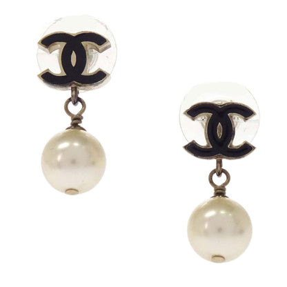 Chanel Dangle Pierced Earrings CC Costume Pearl Gold A11C