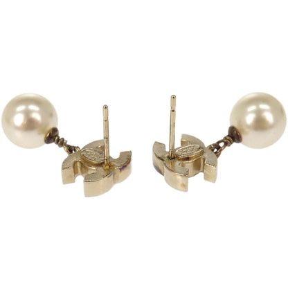 Chanel Dangle Pierced Earrings CC Costume Pearl Gold A11C