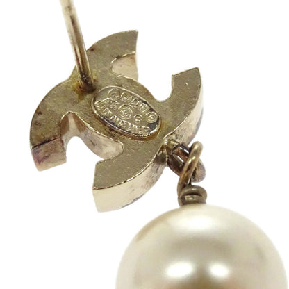 Chanel Dangle Pierced Earrings CC Costume Pearl Gold A11C