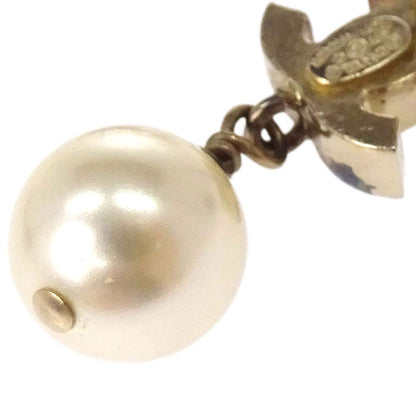 Chanel Dangle Pierced Earrings CC Costume Pearl Gold A11C