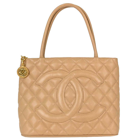 Chanel 2001-2003 Beige Caviar Skin Medallion Tote Handbag