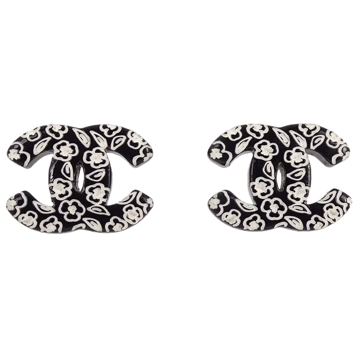 Chanel CC Pierced Earrings Silver Black Acrylic 06C