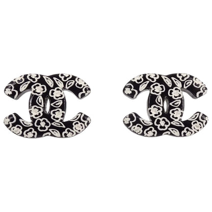 Chanel CC Pierced Earrings Silver Black Acrylic 06C