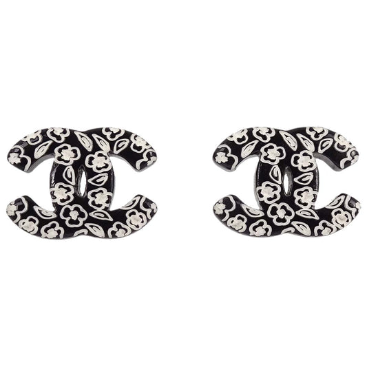 Chanel CC Pierced Earrings Silver Black Acrylic 06C