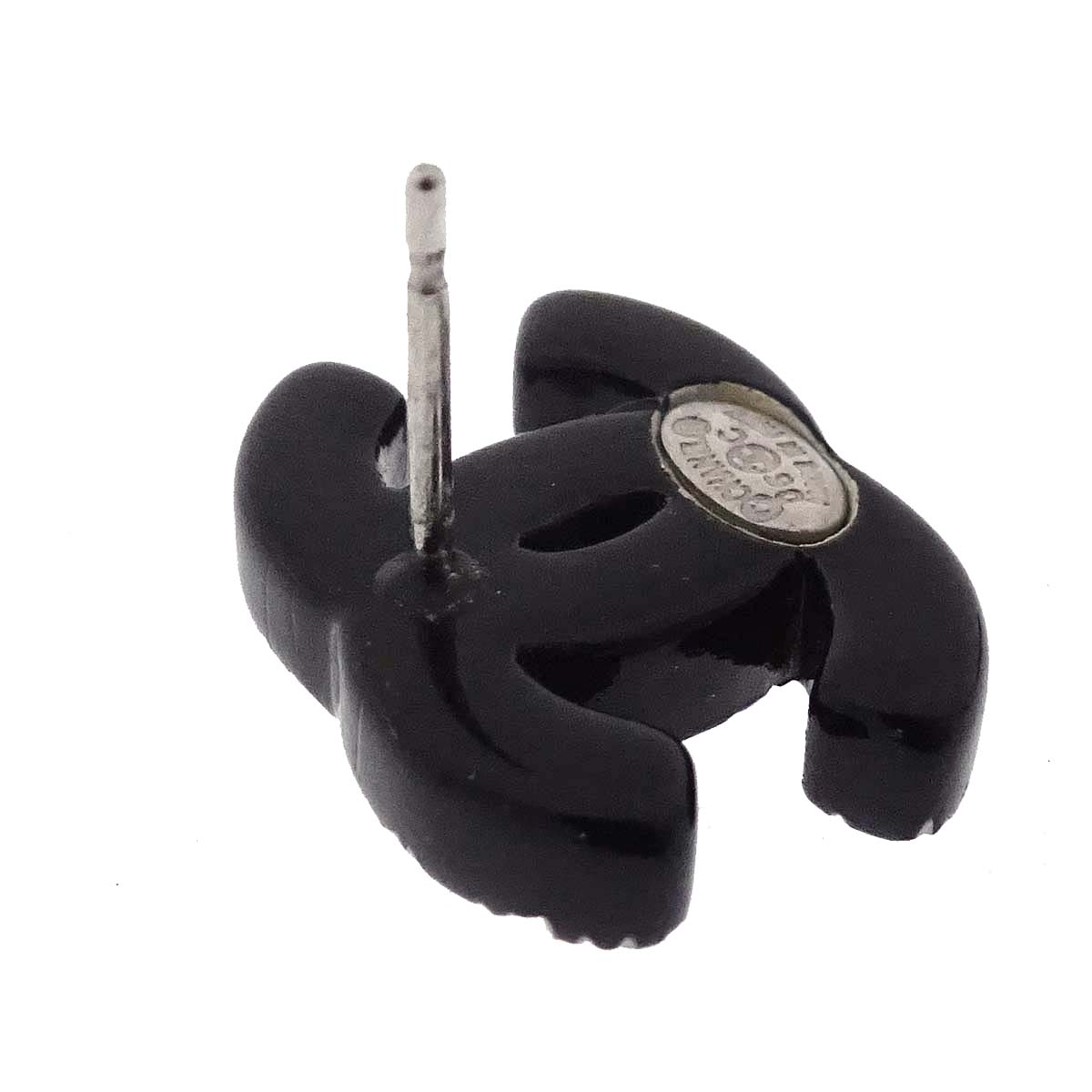 Chanel CC Pierced Earrings Silver Black Acrylic 06C
