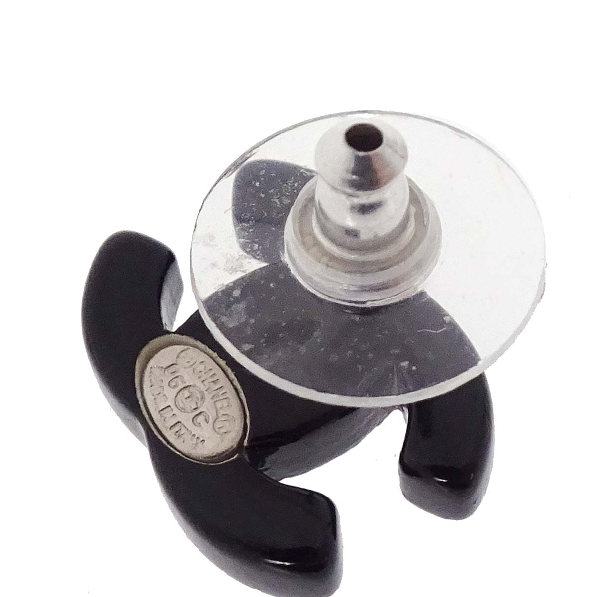 Chanel CC Pierced Earrings Silver Black Acrylic 06C