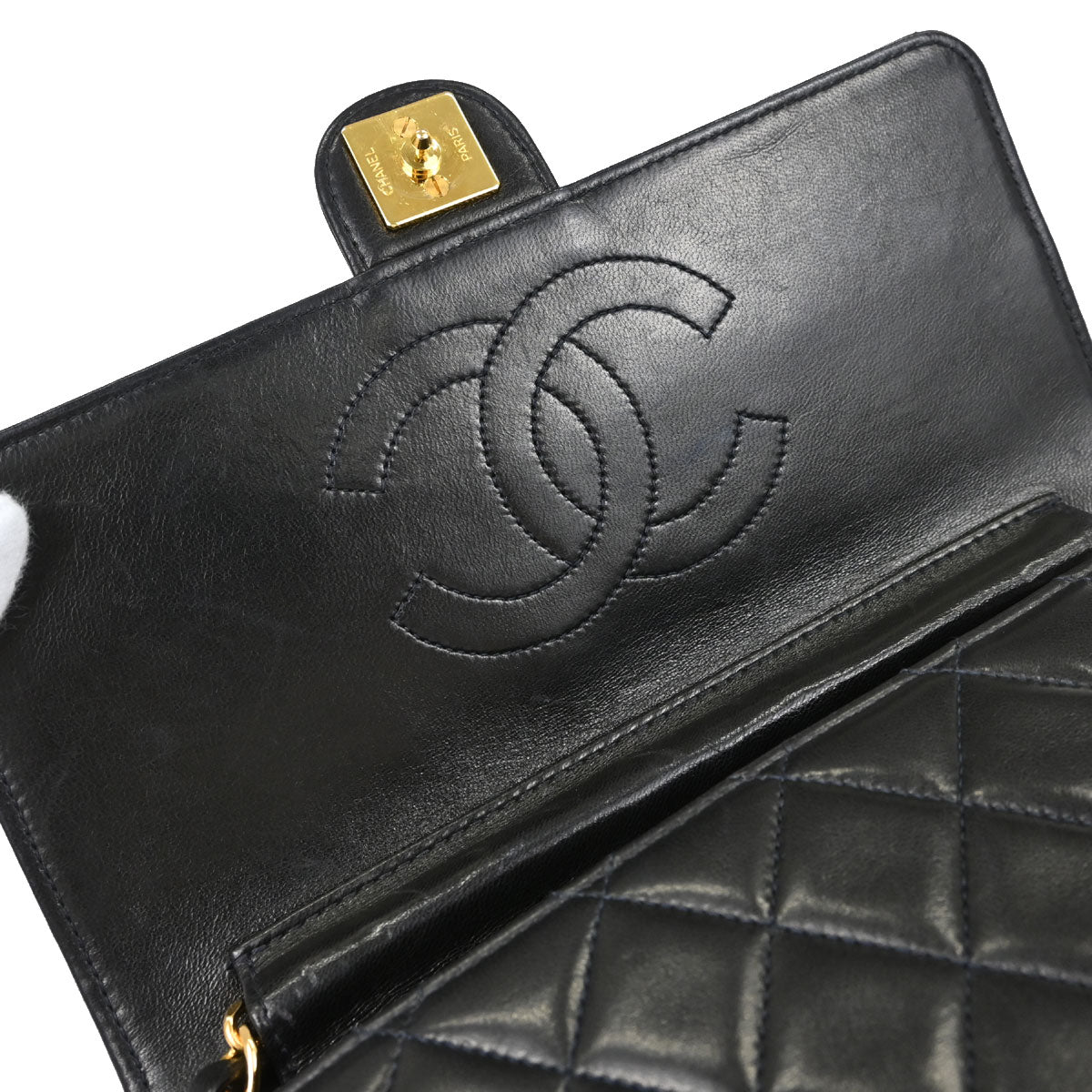 Chanel Black Lambskin Pushlock Small Half Flap Shoulder Bag