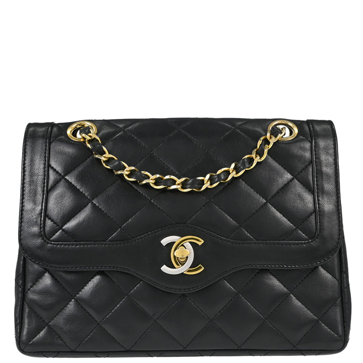 Chanel Black Lambskin Paris Double Flap Shoulder Bag