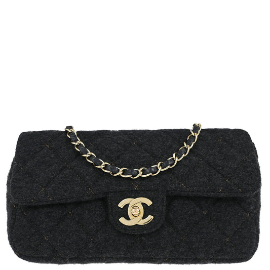 Chanel 2005-2006 Black Wool Single Flap Shoulder Bag