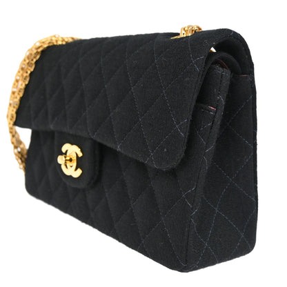 Chanel Black Cotton Small Classic Double Flap Shoulder Bag