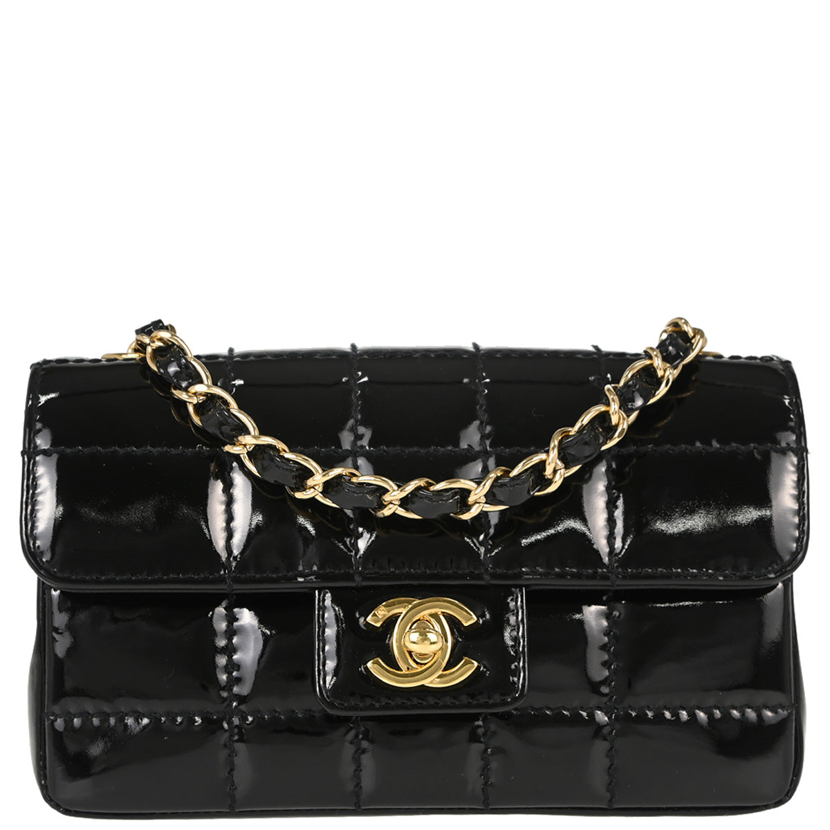 Chanel Black Patent Leather Choco Bar Single Flap Shoulder Bag