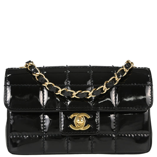 Chanel Black Patent Leather Choco Bar Single Flap Shoulder Bag