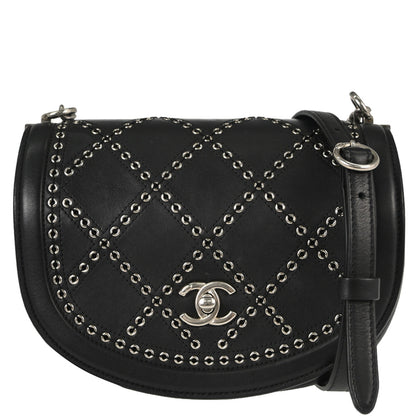 Chanel Black Calfskin Coco Eyelets Round Flap Shoulder Bag