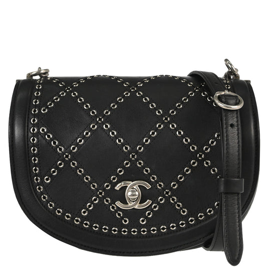 Chanel Black Calfskin Coco Eyelets Round Flap Shoulder Bag