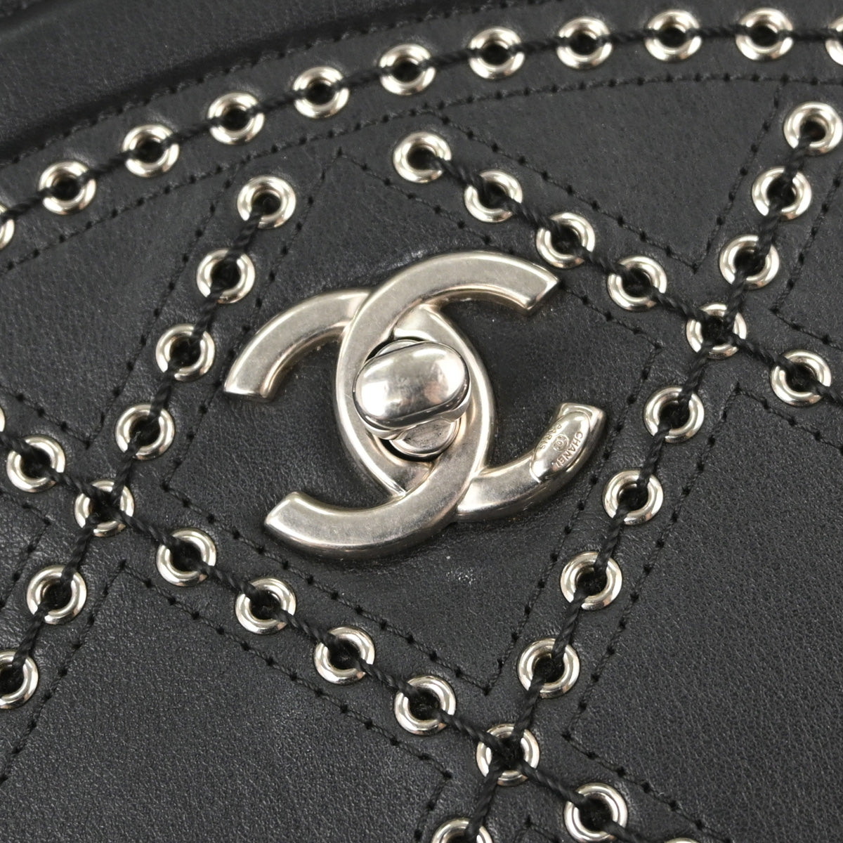 Chanel Black Calfskin Coco Eyelets Round Flap Shoulder Bag