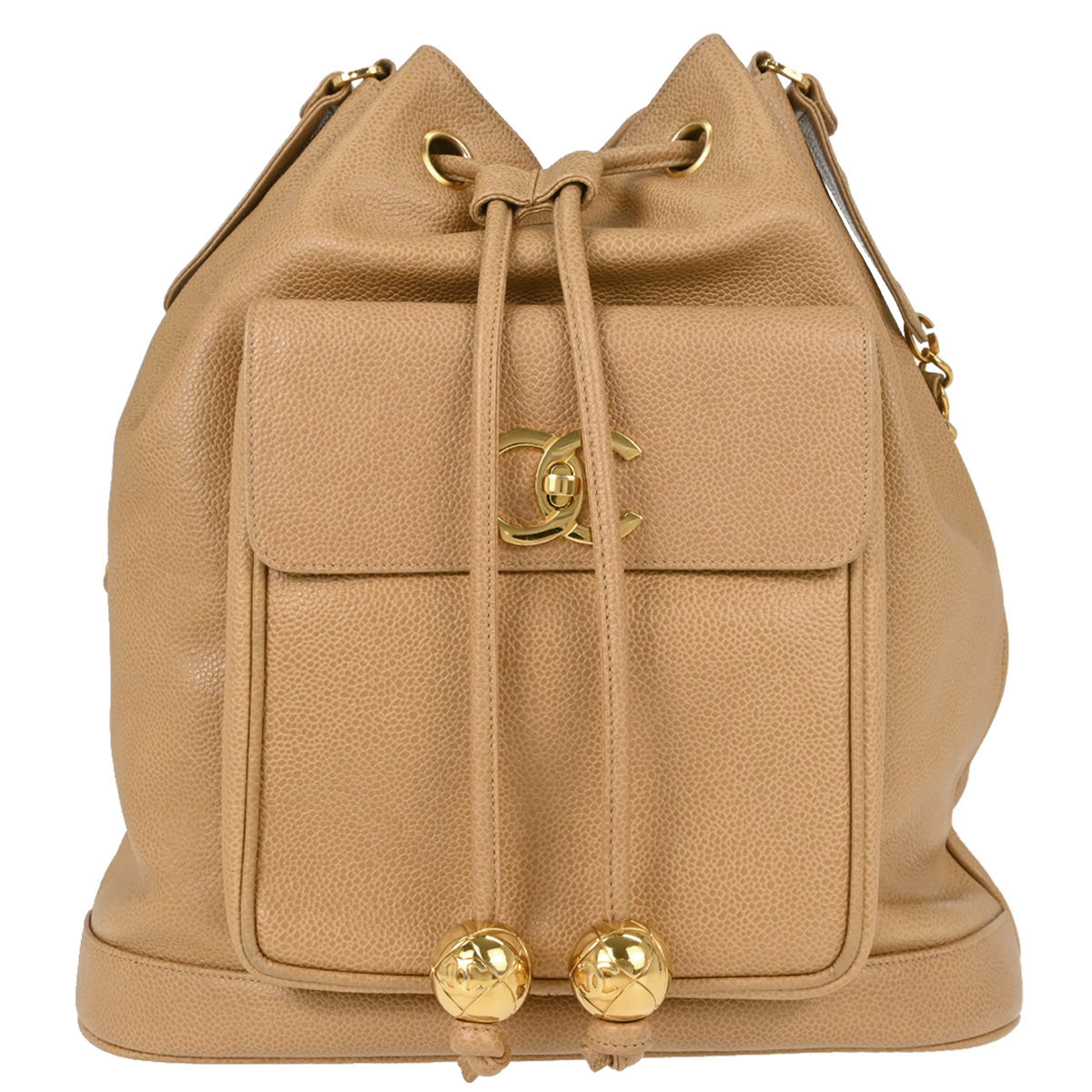 Chanel 1994-1996 Beige Caviar Skin Drawstring Shoulder Bag
