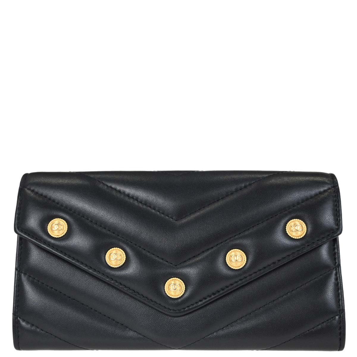 Chanel 2018-2019 Navy Lambskin Chevron CC Button Flap Long Wallet
