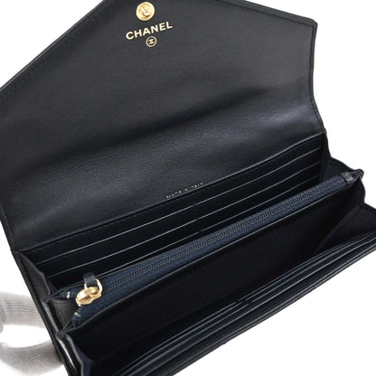 Chanel 2018-2019 Navy Lambskin Chevron CC Button Flap Long Wallet