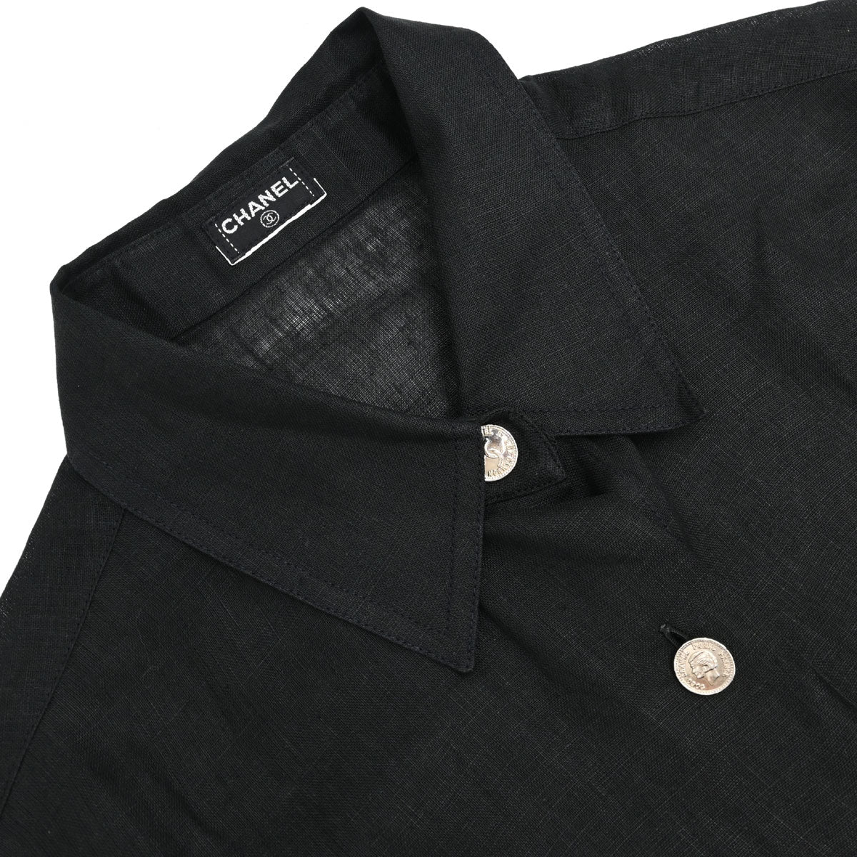 Chanel Short Sleeve Sheer Blouse Shirt Linen Black
