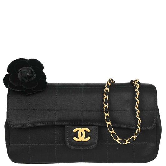 Chanel 2000-2002 Black Satin Camellia Choco Bar Shoulder Bag