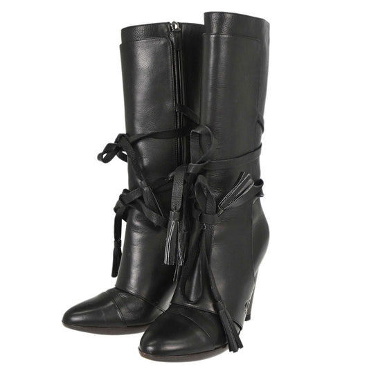 Chanel * Brown Leather Long Boots Shoes #37 1/2