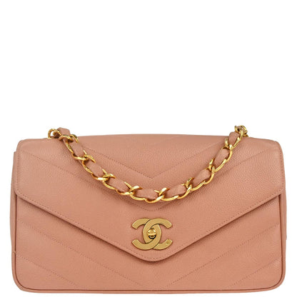 Chanel 1994-1996 Pink Caviar Skin Chevron Shoulder Bag