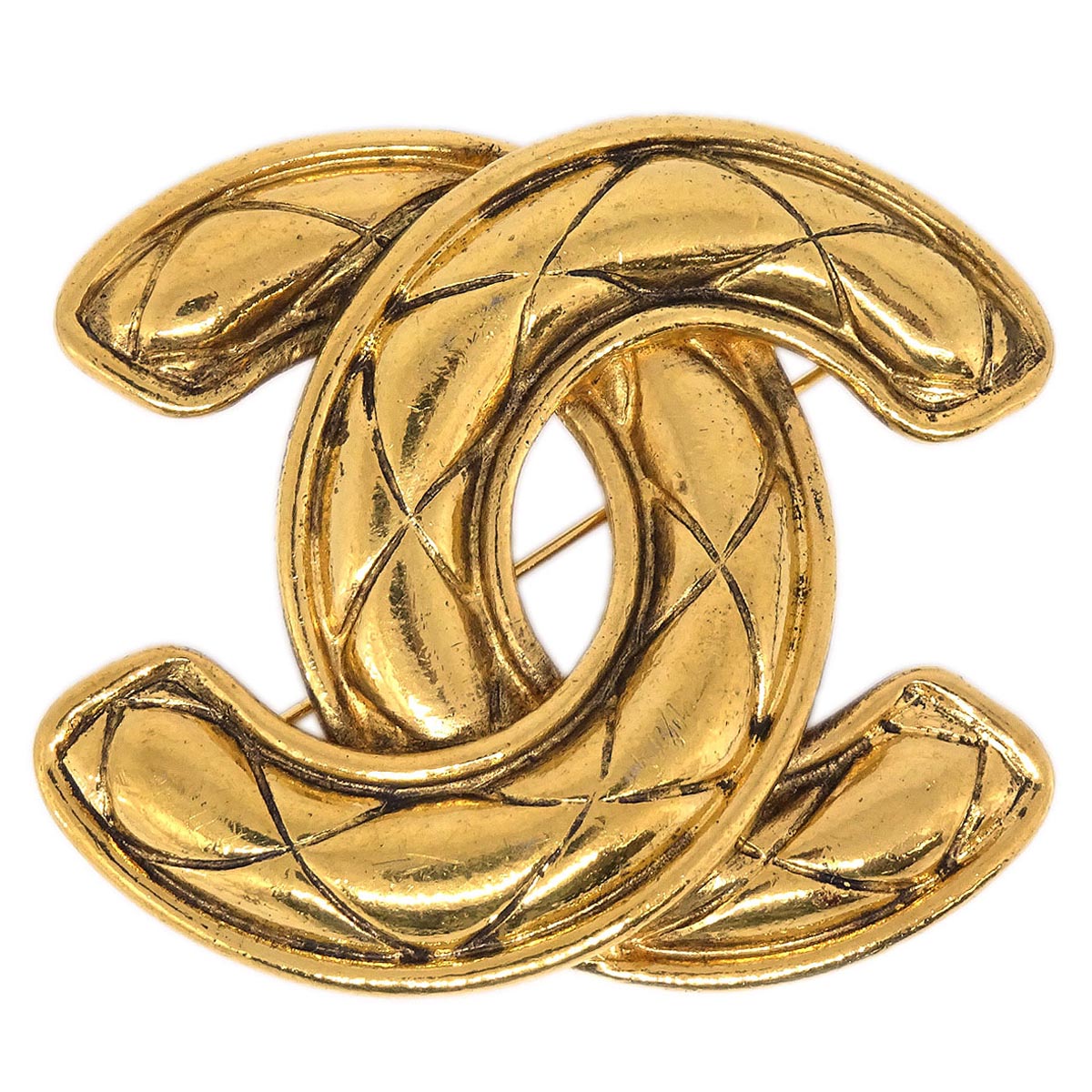 Chanel Quilted CC Brooch Pin Large Gold 1152