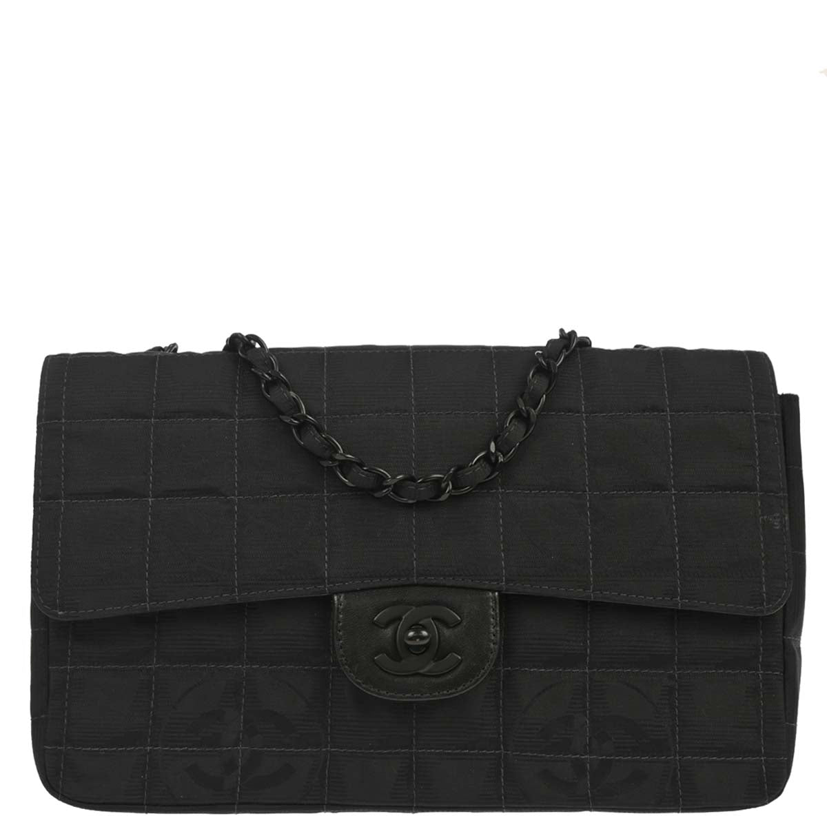 Chanel 2002-2003 Black Jacquard Nylon Travel Line Single Flap Medium Shoulder Bag