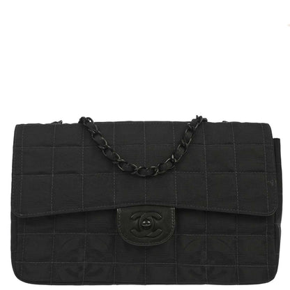 Chanel 2002-2003 Black Jacquard Nylon Travel Line Single Flap Medium Shoulder Bag