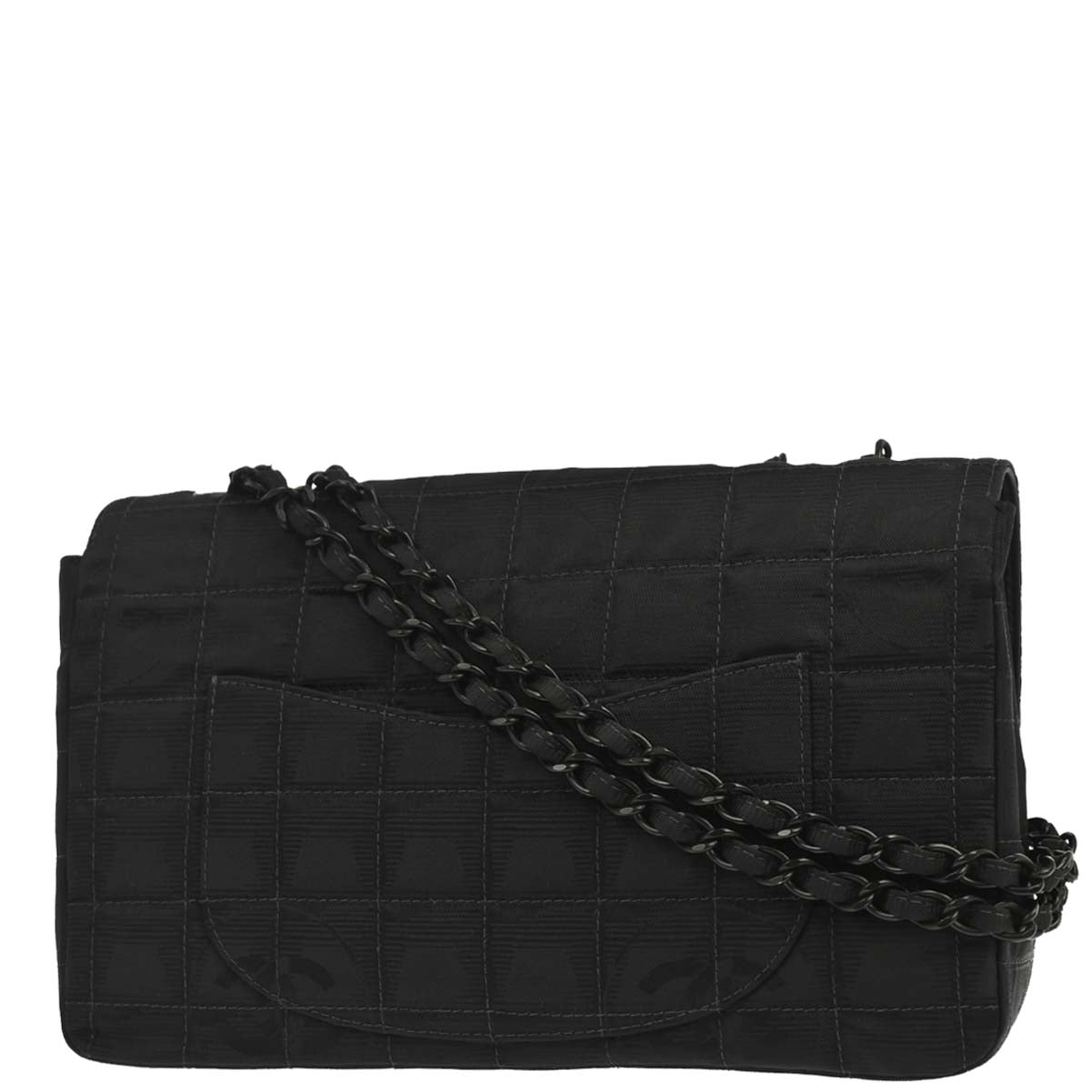 Chanel 2002-2003 Black Jacquard Nylon Travel Line Single Flap Medium Shoulder Bag
