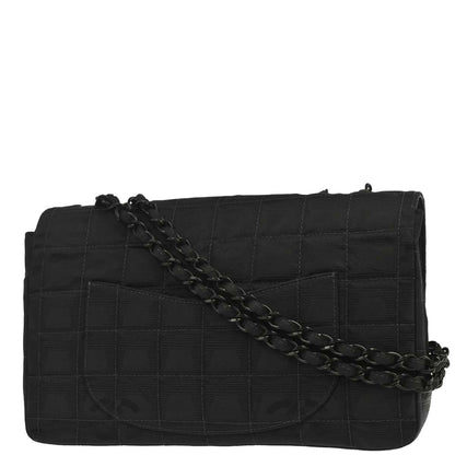 Chanel 2002-2003 Black Jacquard Nylon Travel Line Single Flap Medium Shoulder Bag