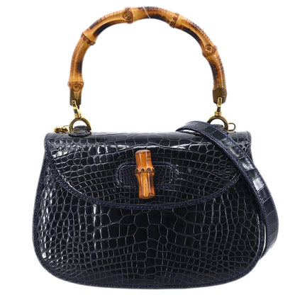 Gucci * Navy Crocodile Bamboo 2way Shoulder Handbag