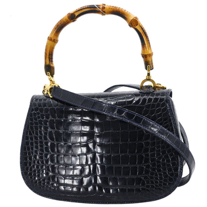 Gucci * Navy Crocodile Bamboo 2way Shoulder Handbag