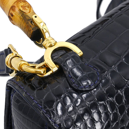 Gucci * Navy Crocodile Bamboo 2way Shoulder Handbag