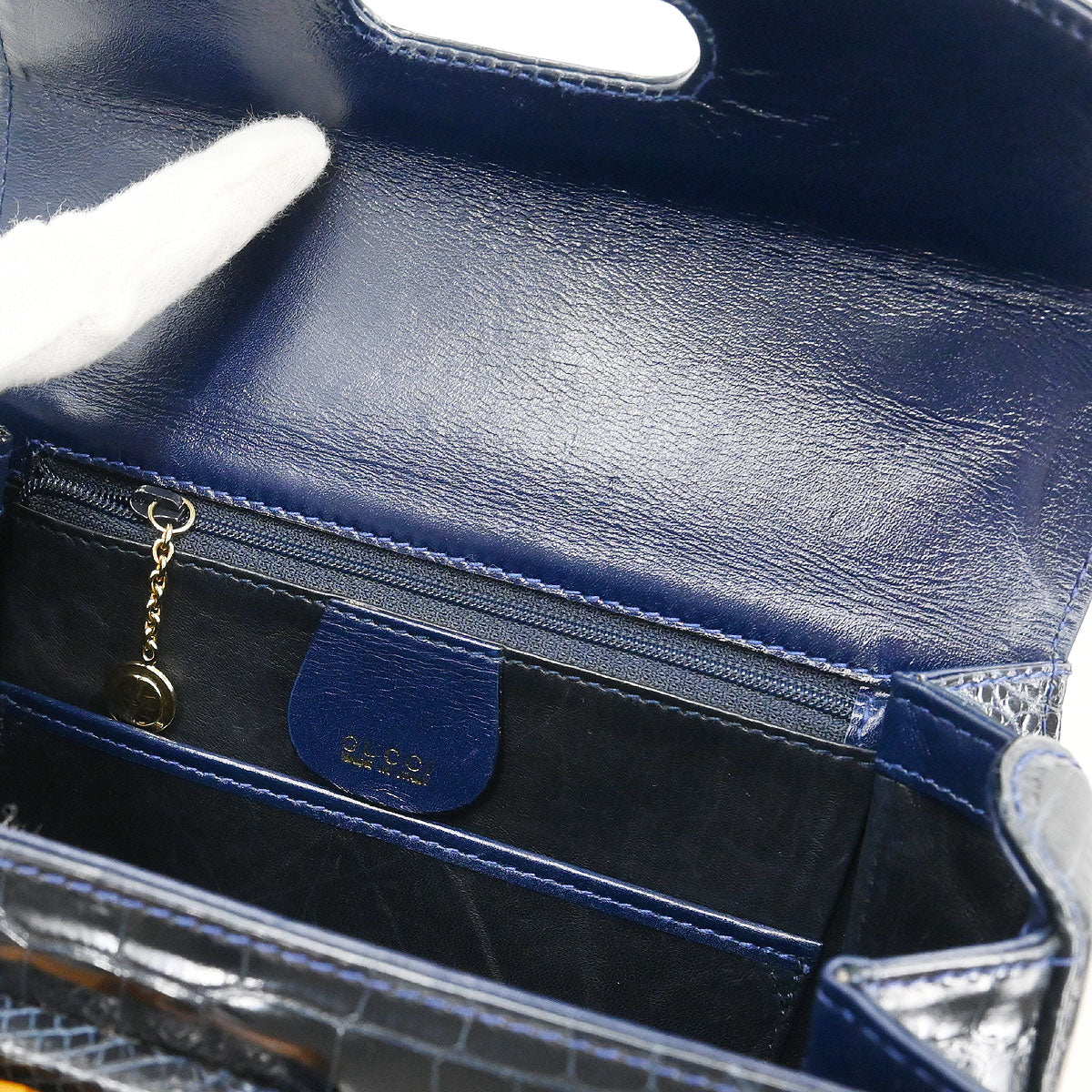 Gucci * Navy Crocodile Bamboo 2way Shoulder Handbag