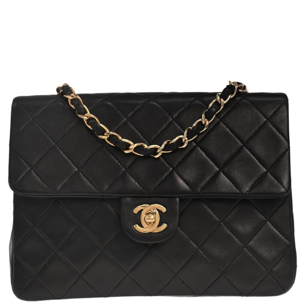 Chanel 1989-1991 Black Lambskin Classic Square Flap Shoulder Bag 20