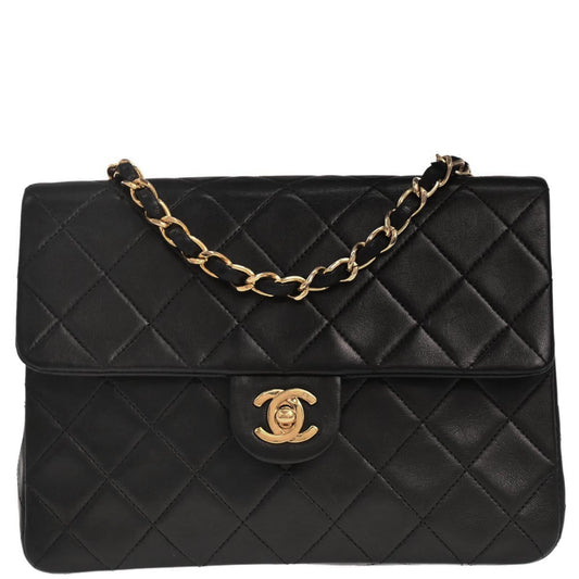 Chanel 1989-1991 Black Lambskin Classic Square Flap Shoulder Bag 20