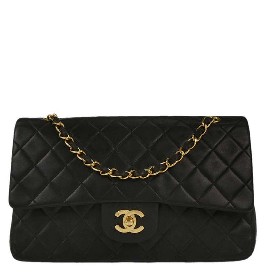 Chanel 1991-1994 Black Lambskin Medium Classic Double Flap Shoulder Bag