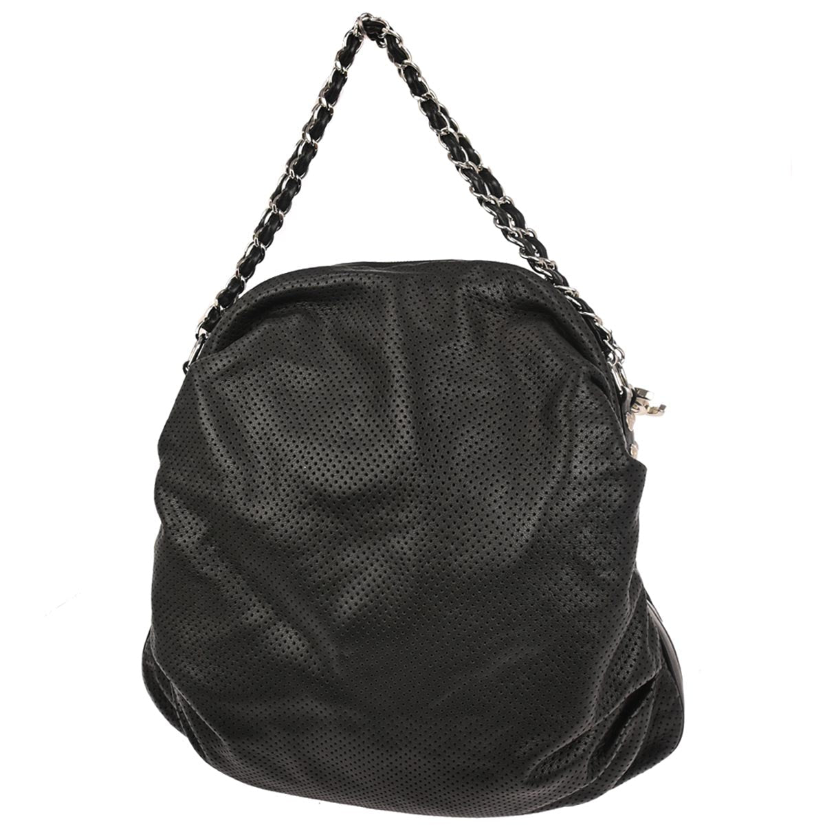 Chanel 2003-2004 Black Perforated Lambskin Baseball Spirit Ligne Hobo Handbag